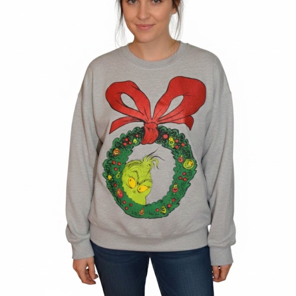 The Grinch NEW How the Grinch stole Christmas Gray crew neck sweatshirt, sz L